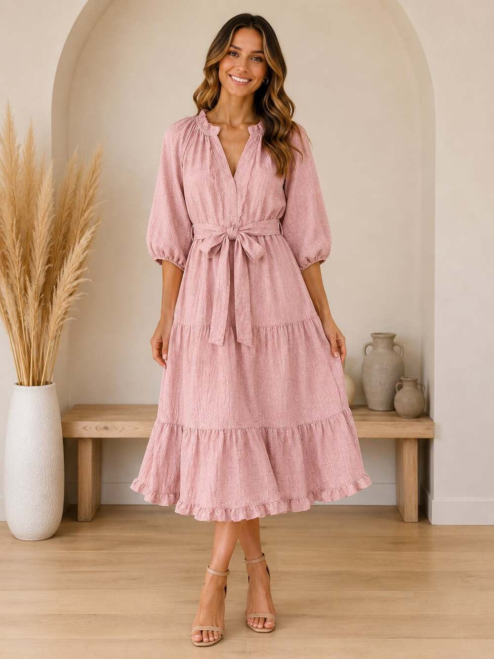 By The River Pink Tiered Midi Dress Large Boho Cottagecore Tie Waist L
